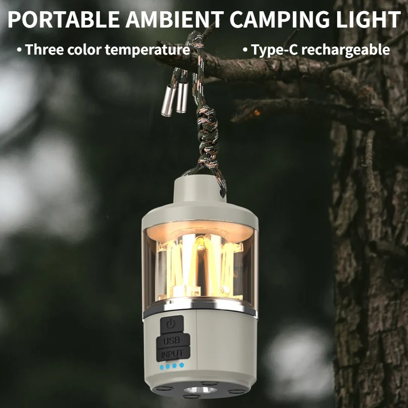 

Portable Camping Ambient Light Super Bright Flashlight 3 Color Dimming USB-C Rechargeable Outdoor Waterproof Emergency Work Lamp