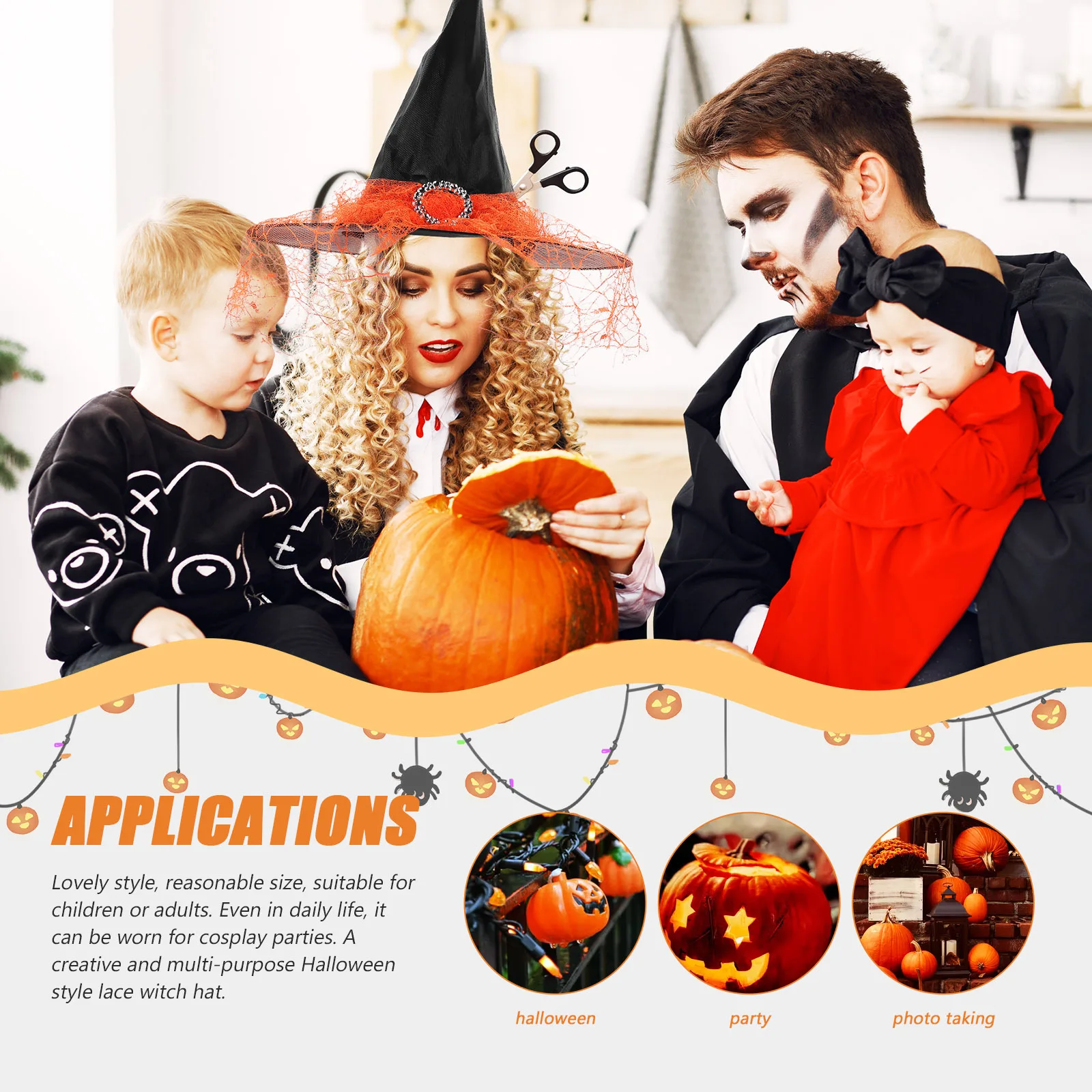 

2Pcs Halloween Witch Hats Creative Long Lace Design Festival Party Witch Hat Headwear Props Halloween Costume Costume Headdress