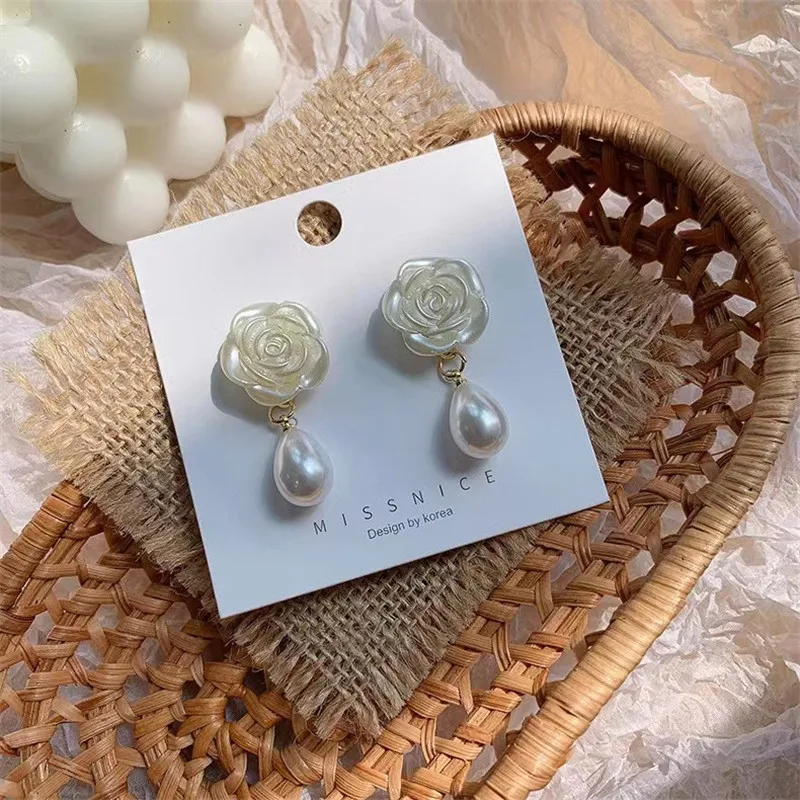 South Korea New Temperament White Camellia Long Dangle Earring Elegant Water Drop Pearl Flower Earrings For Women Jewelry