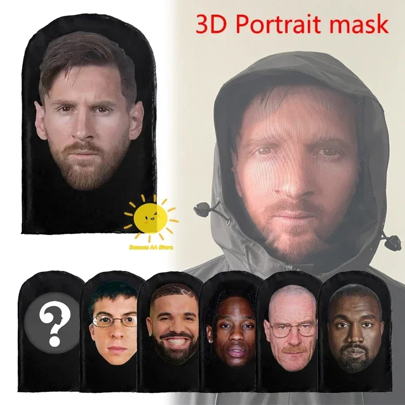 3D Impresso Kanye Mask, Elastic Mesh Full Face Mask, Cosplay Headwear, Simulação de Festa, Balaclava Hat, Chapelaria, Unisex, Drake, Novo