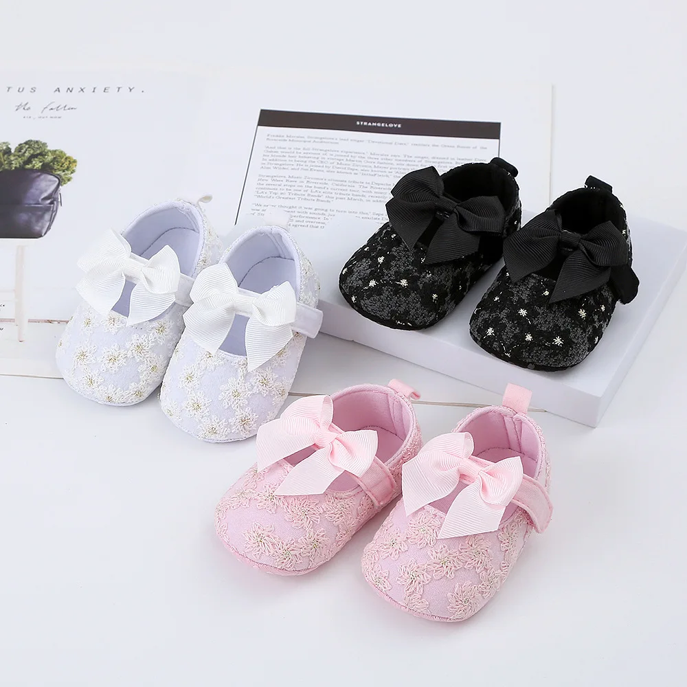 

Soft Sole Flower Newborn Baby Girl Christening Shoes 2023 Lovely Princess Lace Bowknot Infant Non Slip First Walker