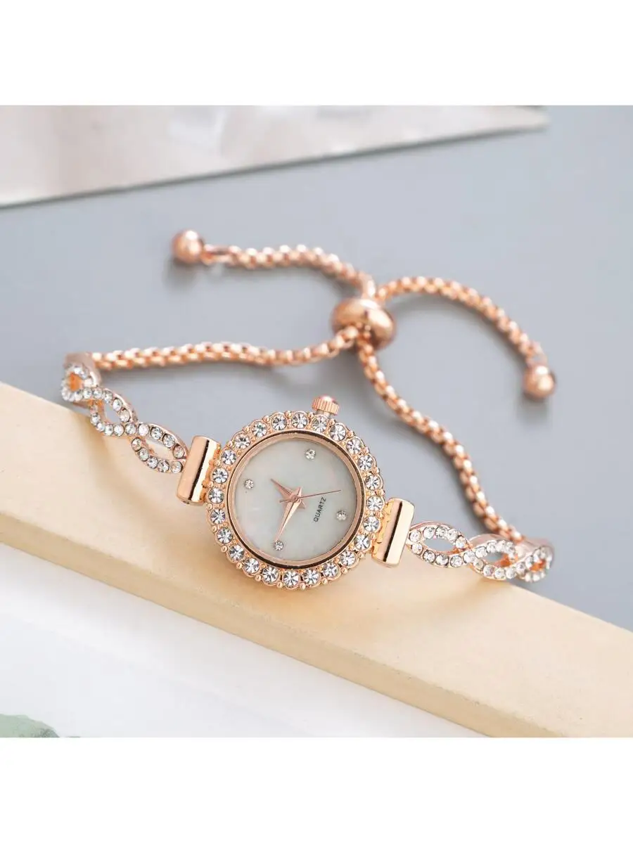 2023 Cute Fashionable Women's Bracelet Watch - Deluxe Round Dial With Rhinestone & Water Pattern, Alloy Band & Quartz Movement