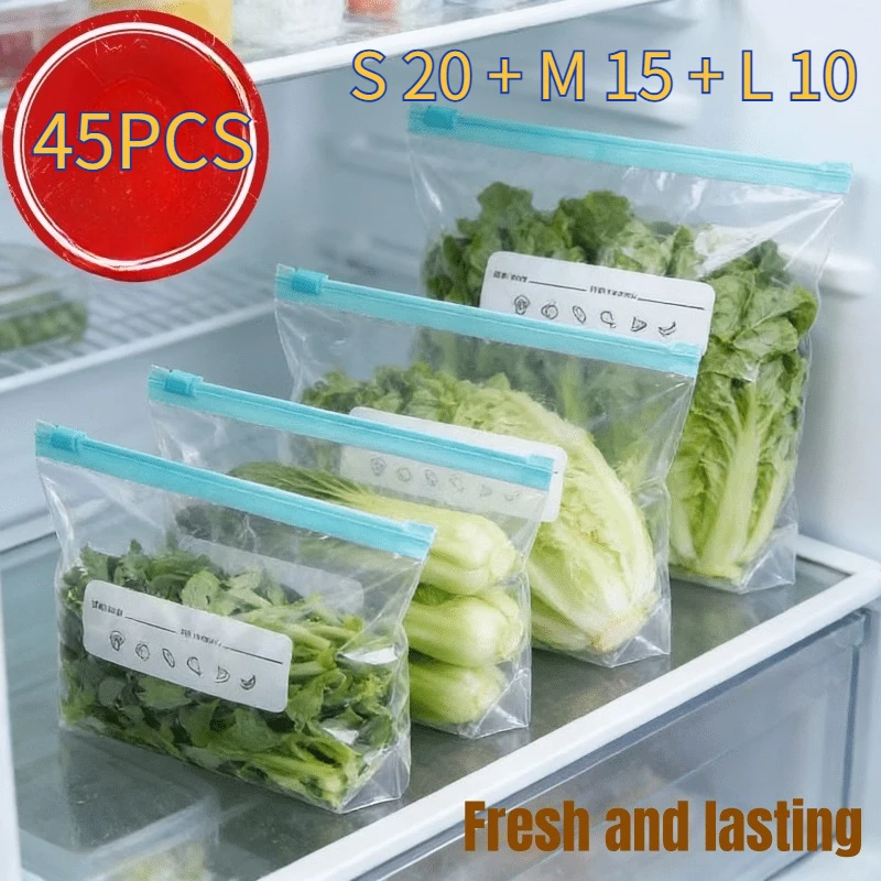 45PCS(S20+M15+L10) Reusable Zipper Storage Bags,Airtight Freezer Bags 3 Sizes,for Meat,Fruits,Veggies,Grains,Kitchen Organizer