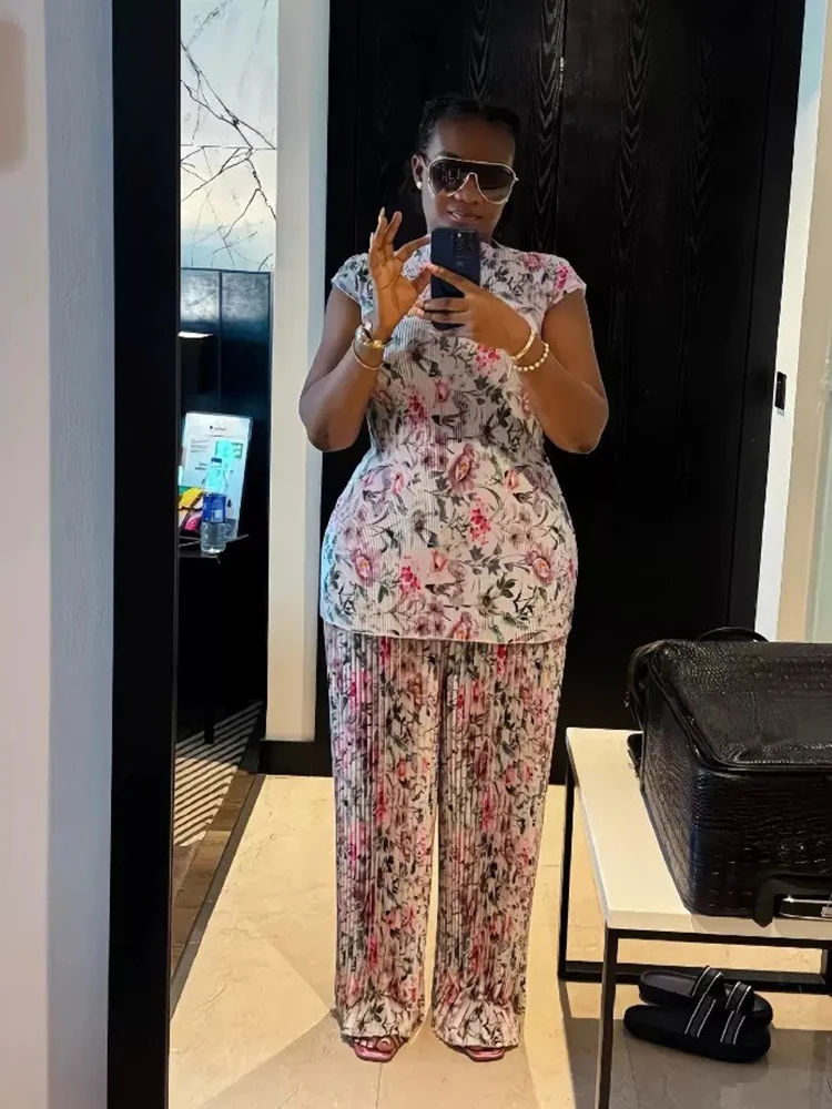 

Pleated Wide Leg Pants and Top Floral Woman Summer 2pieces Casual Pants Set Ladies African Elegant Sets Wholesale Dropshipping