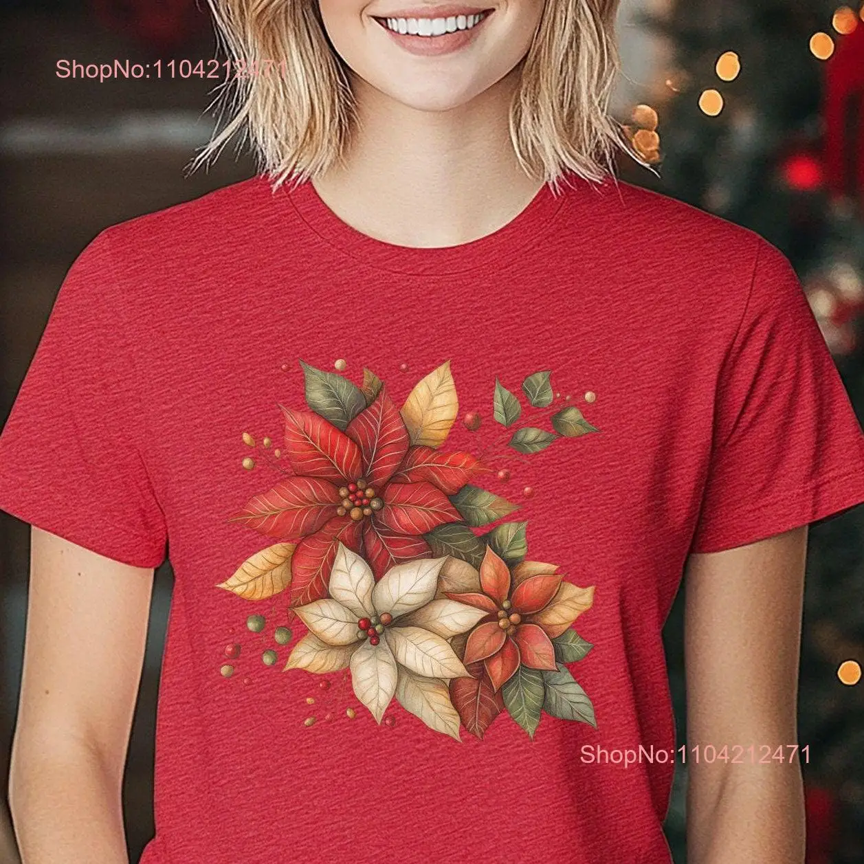 Christmas Poinsettia T Shirt Holiday For Mom Her Boho Party long or short sleeves