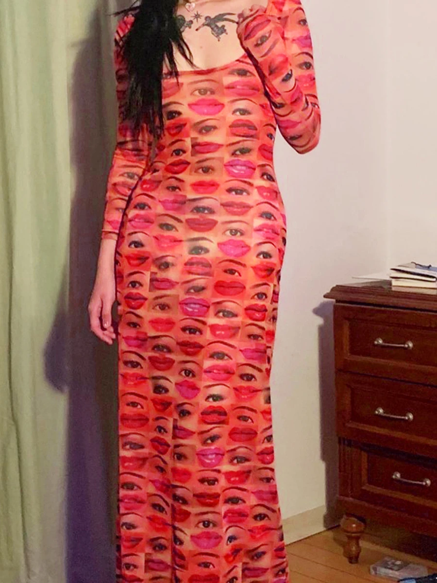 Vestido longo bodycon feminino com olhos estampados nos lábios, decote em U, manga comprida, vestido chique