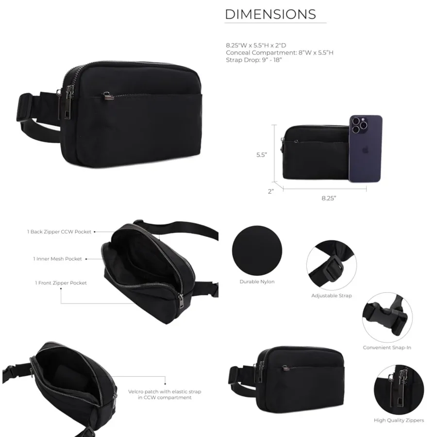 

Crossbody Nylon Concealed Carry Waist Pack with Adjustable Buckle Strap Fashion Multi Pocket Belt Bag