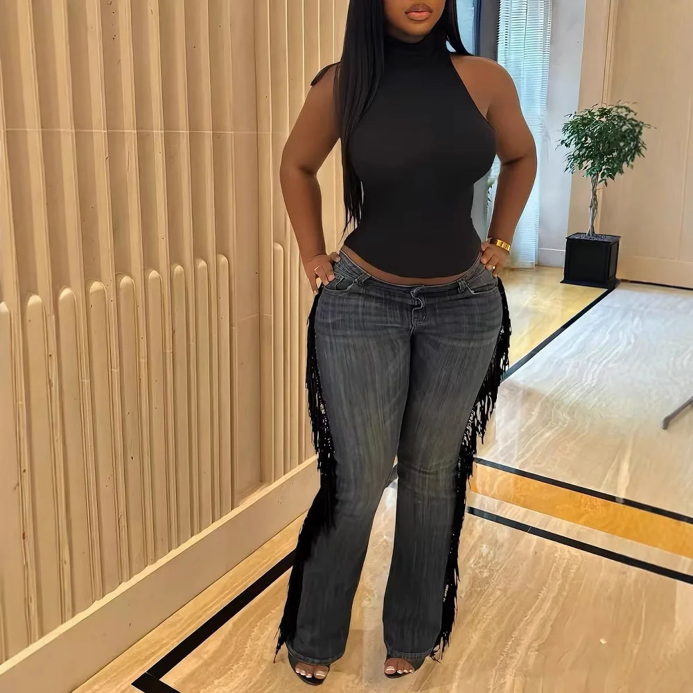 Women Jeans Zipper Fly High Waist Straight Jean Denim Trousers Washed Distressed Spliced Tassel Loose Casual Ankle Length