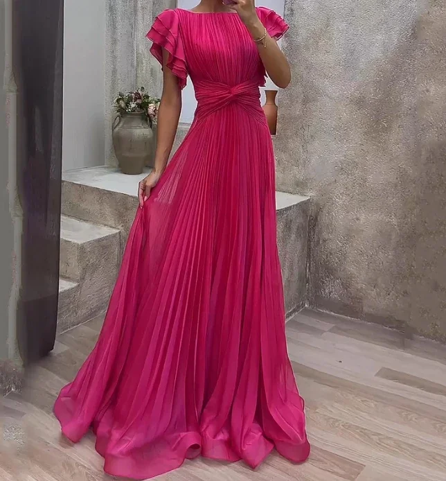 

Women's Fashion Sexy High-End Round Neck Pleated Cross Solid Color Long Dress 2024 New Female Elegant High Waist A-Line Dresses