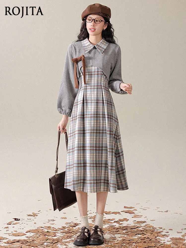 

French Style Gray Plaid Long Sleeve Dress Autumn New Elegant Waist Slimming Long A-line Dress Two-Piece Sets Women Outfits