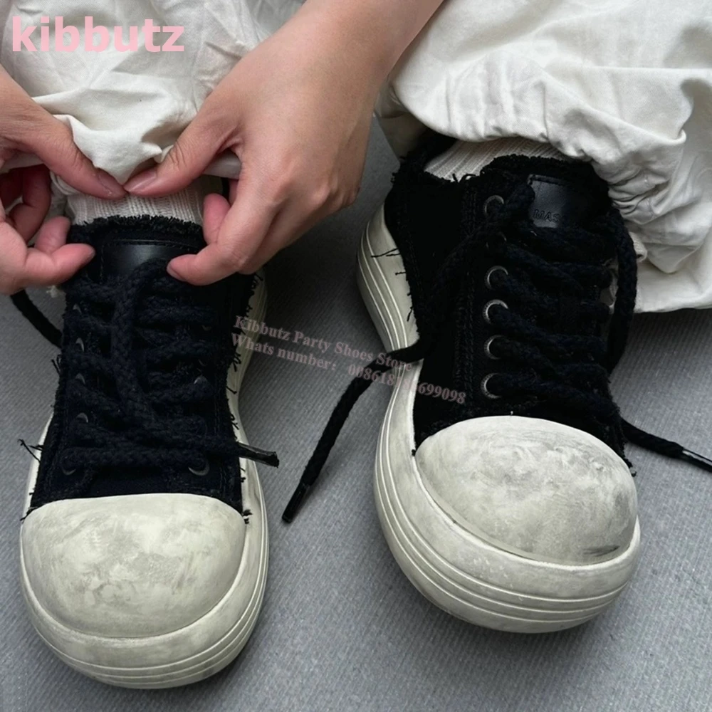 

Big Round Toe Sneakers Platform Canvas Height Increasing Mixed Color Lace-Up Sports Fashion Novelty Concise Women Shoes Newest