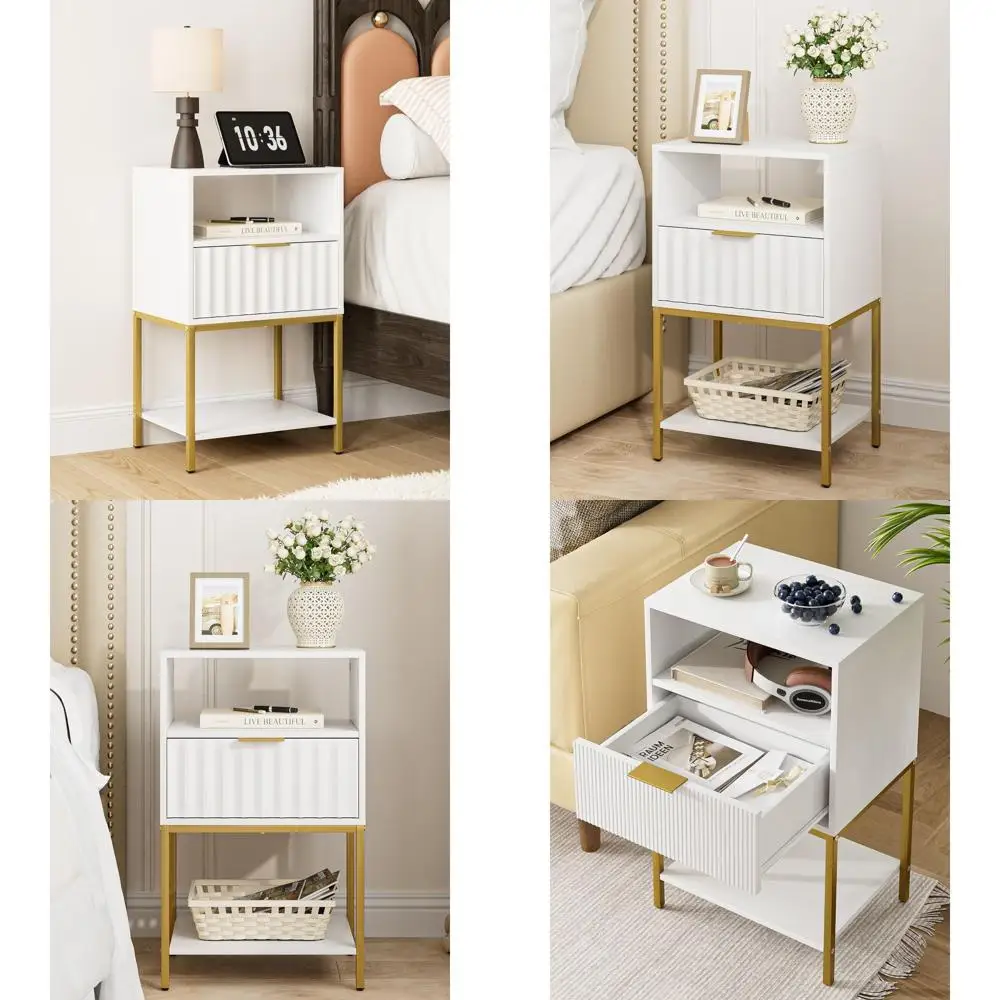 

Contemporary White Nightstand with Drawer and Shelves, Gold-Framed Tall End Table for Bedroom & Living Room