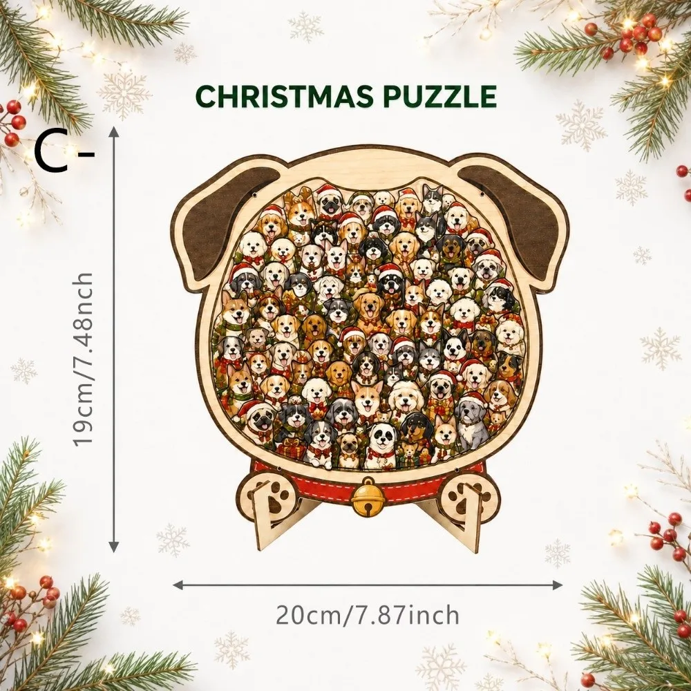 Wooden Christmas Dog Puzzle Irregular Shape Three Dimensional Puzzle Ornament Santa Pattern Freestanding Decorative Figurine
