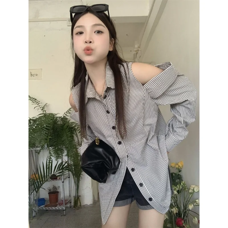 Off Shoulder Striped Loose Blouse Spring New Polo Neck Long Sleeve Button Korean Shirt Tops Vintage Fashion Y2K Women Clothing
