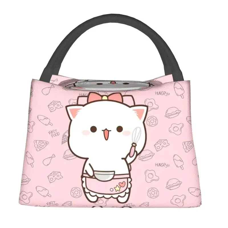 Mochi Cat Chef Peach Thermal Insulated Lunch Bags Women Peach And Goma Resuable Lunch Tote for Outdoor Picnic Meal Food Box