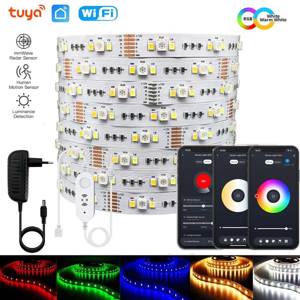 

Smart Tuya Wifi RGBCCT LED Strip Luminance/Distance Detection PIR Motion Sensor DC12V 1M-5M Dimmable Bed Wardrobe Cabinet Light
