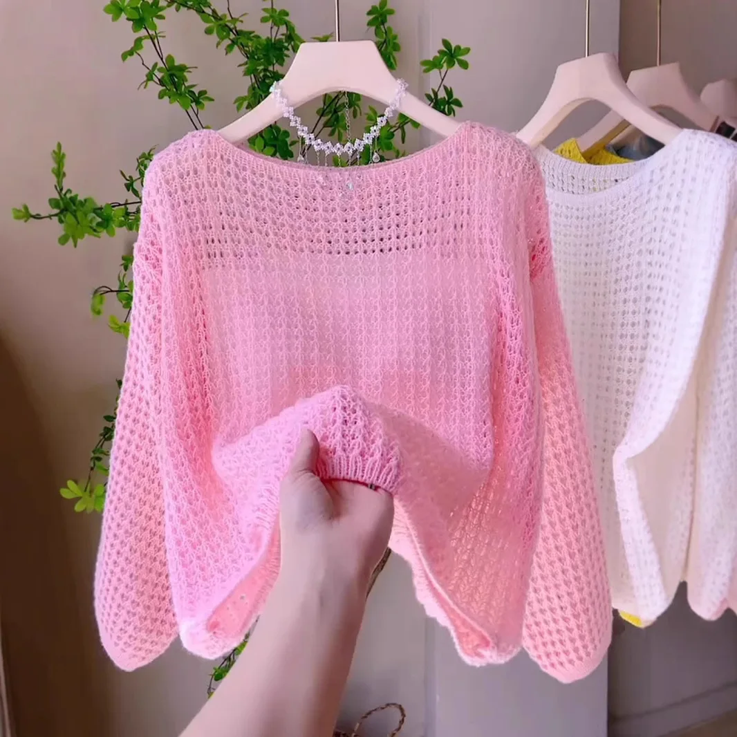

2026 Summer New Women Sweet Pink Hollow Out Knit Top Off Shoulder Long Sleeve Thin Shawl Cardigan Cover Up