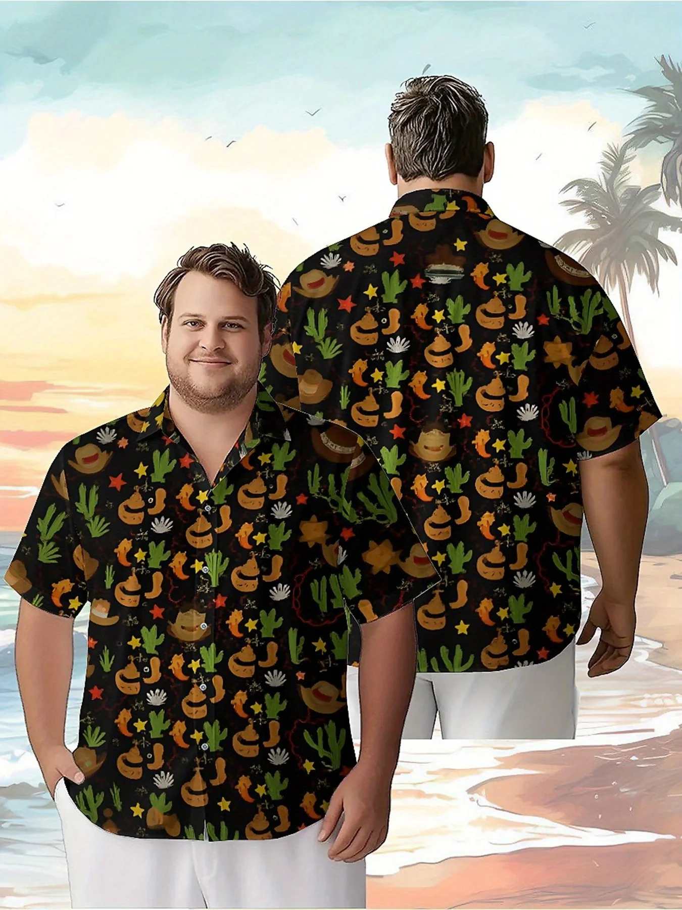 Men's Plus Size Hawaiian Shirts Classic Cowboy Hat and Cactus Pattern,Unisex Baggy Aloha Shirts,Alternative Clothing