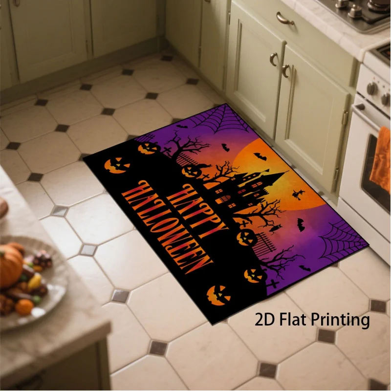 VIKAMA Happy Halloween Doormat Spooky Castle Pumpkin Bat Spider Web Witch Purple Orange Non Slip Absorbent Front Entry Floor Mat