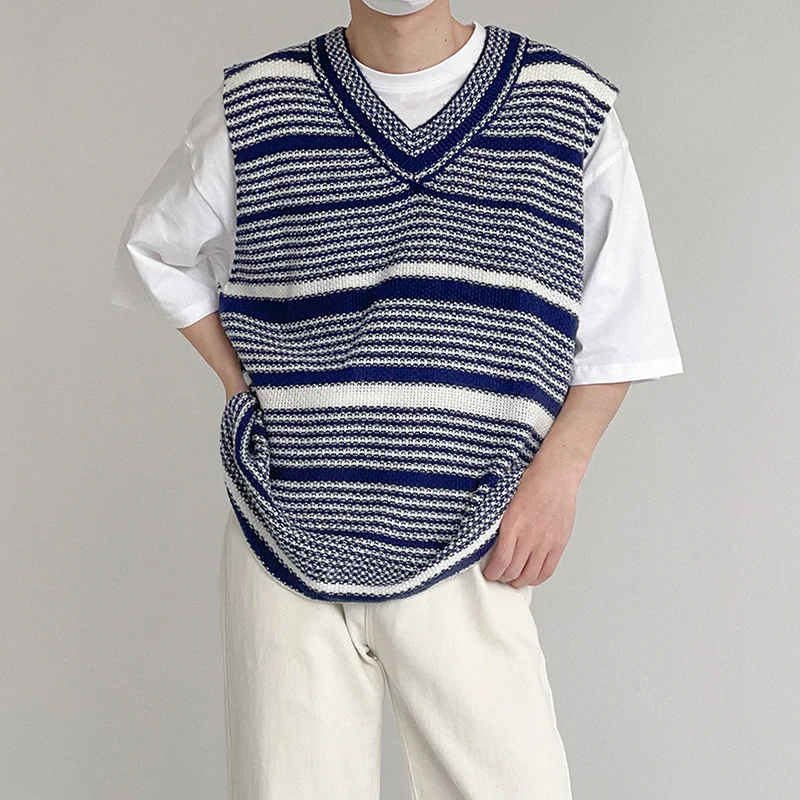 And Spring Summer Thin Knitted Vest Men's Loose Sleeveless V-neck Striped Vests Vintage Korean Trend Casual Tops 2Y8580