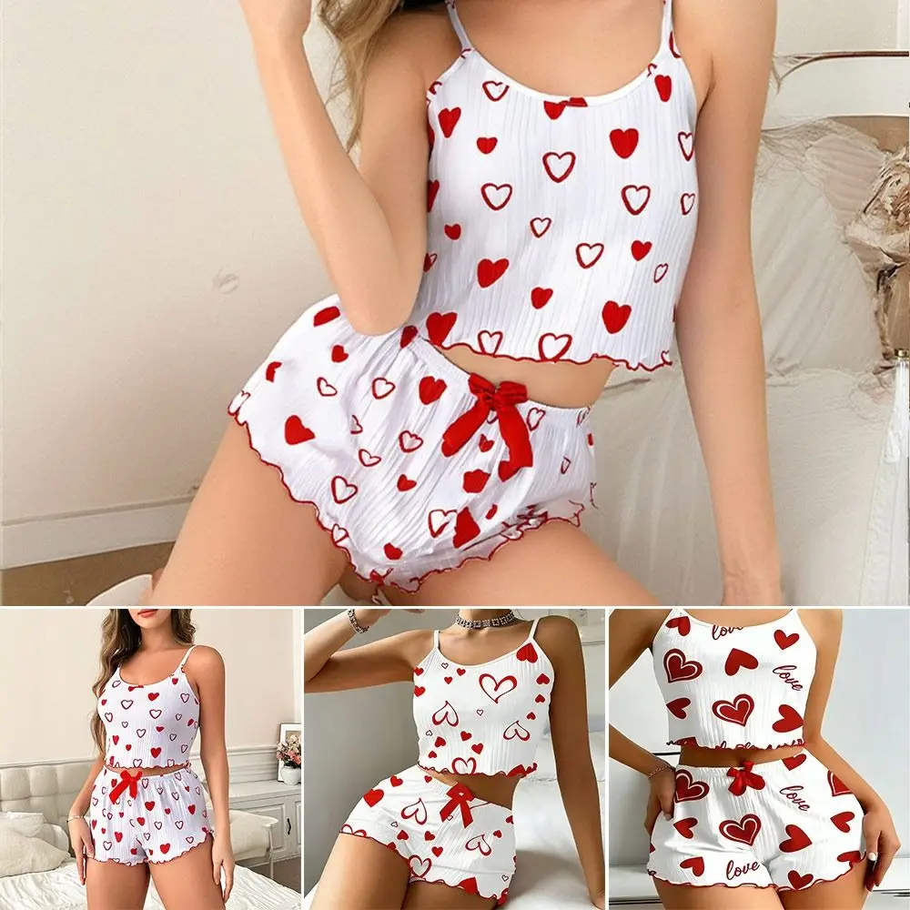 2Pcs/Set Two-Piece Set Sling Pajama Set Round Neck Loving-heart Print Nightwear Set Breathable Backless Camisole Set for Women