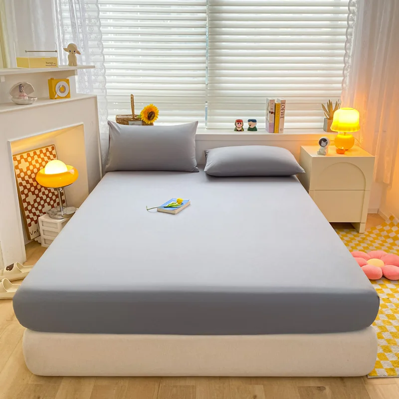 Soft Cotton Fitted Bed Sheet with Elastic Band Solid Color Mattress Cover for Single Double King Queen Bed 120/150/180/200cm
