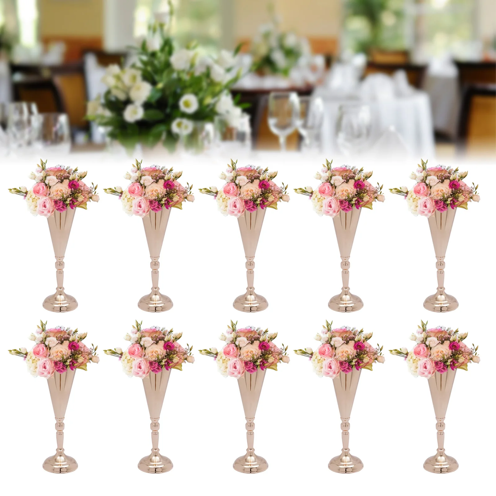 

Gold/Silver 10 Pcs Metal Trumpet Shape Vases Luxury Flower Stand 14inch Tabletop Flower Stand For Wedding Banquet Decor