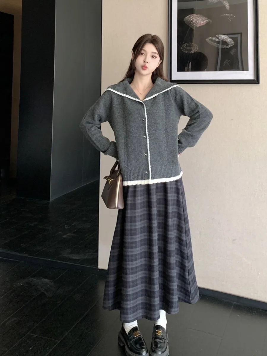 

plus Size Women's College Sle Lace Splice Turn-down Collar Sweater Top High Waist Knitted f Skirt Trendy Autumn Winter N...