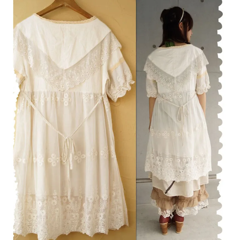 Japanese Women Scarf Collar Floral Embroidery Dress Lolita Bow Short Sleeved Mulity Lace Layer Female Mori Girl Sweet Dress A199