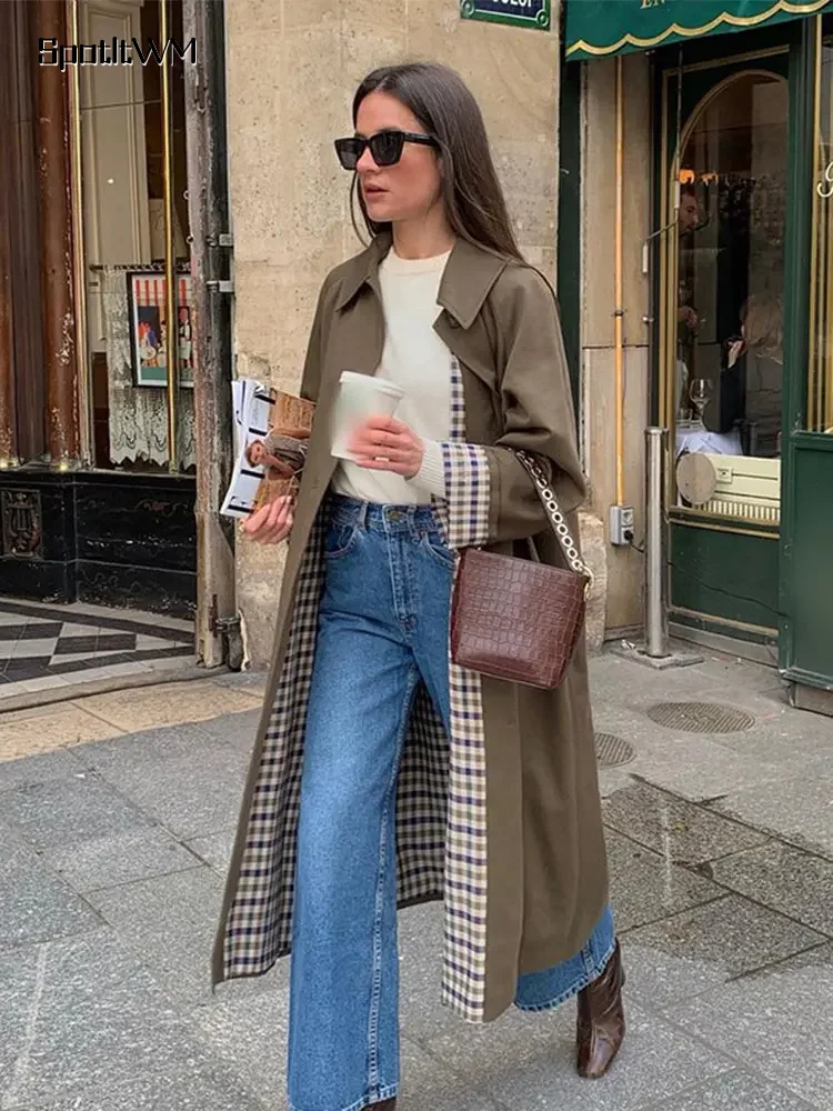 

Elegant Lapel Pocket Single Breasted Windbreaker Women Casual Solid Long Sleeved Commute Overcoat 2024 Lady High Street Outwear