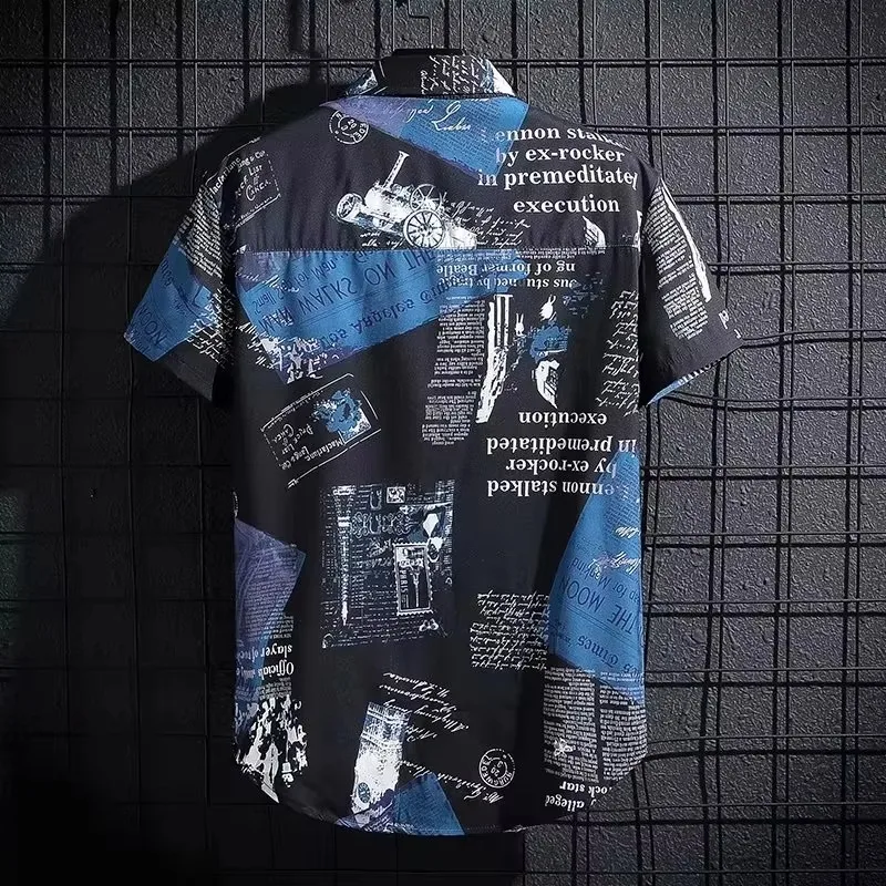 Short-Sleeved Shirt Men's Thin Graffiti Print Hong Kong Fashion Clothing Beach Floral Loose Half-Sleeved Shirt
