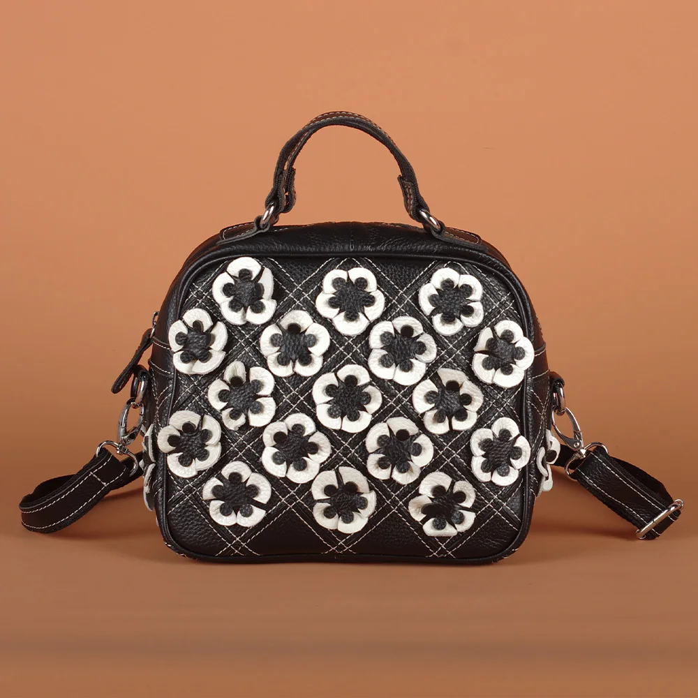 Black and white contrast color handmade flower stitching fashion design leather cowhide check handbag women's shoulder bag