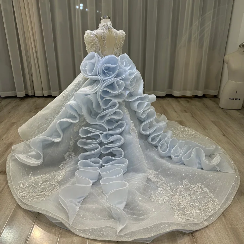 Vestido de novia de cola de diseño plisado de manga larga azul para niños