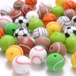 Cuentas redondas de silicona estampadas para chupete de bebé, abalorios de grado alimenticio de 10 piezas y 15mm, para béisbol, tenis, baloncesto, DIY