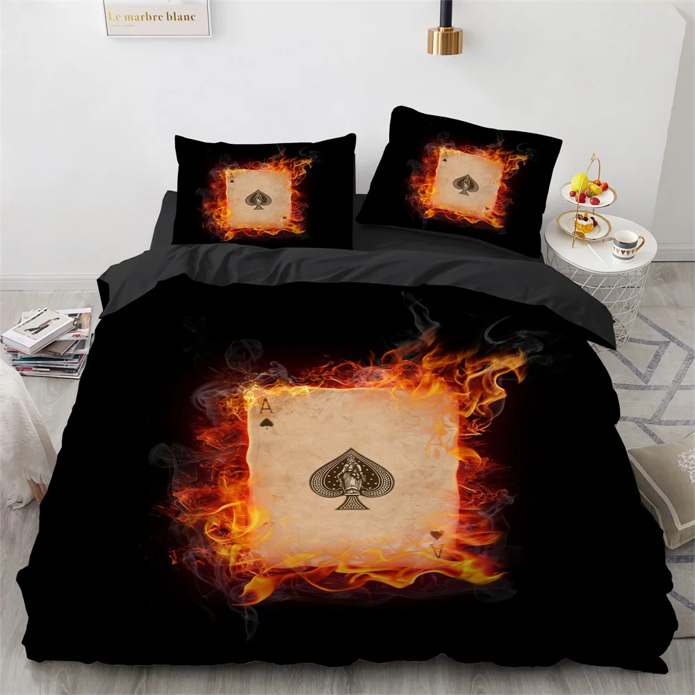 Poker Duvet Cover Set Card Fire Poker Game Decor Polyester Comforter Cover Set with Pillowcase Poker Competition Theme King Size