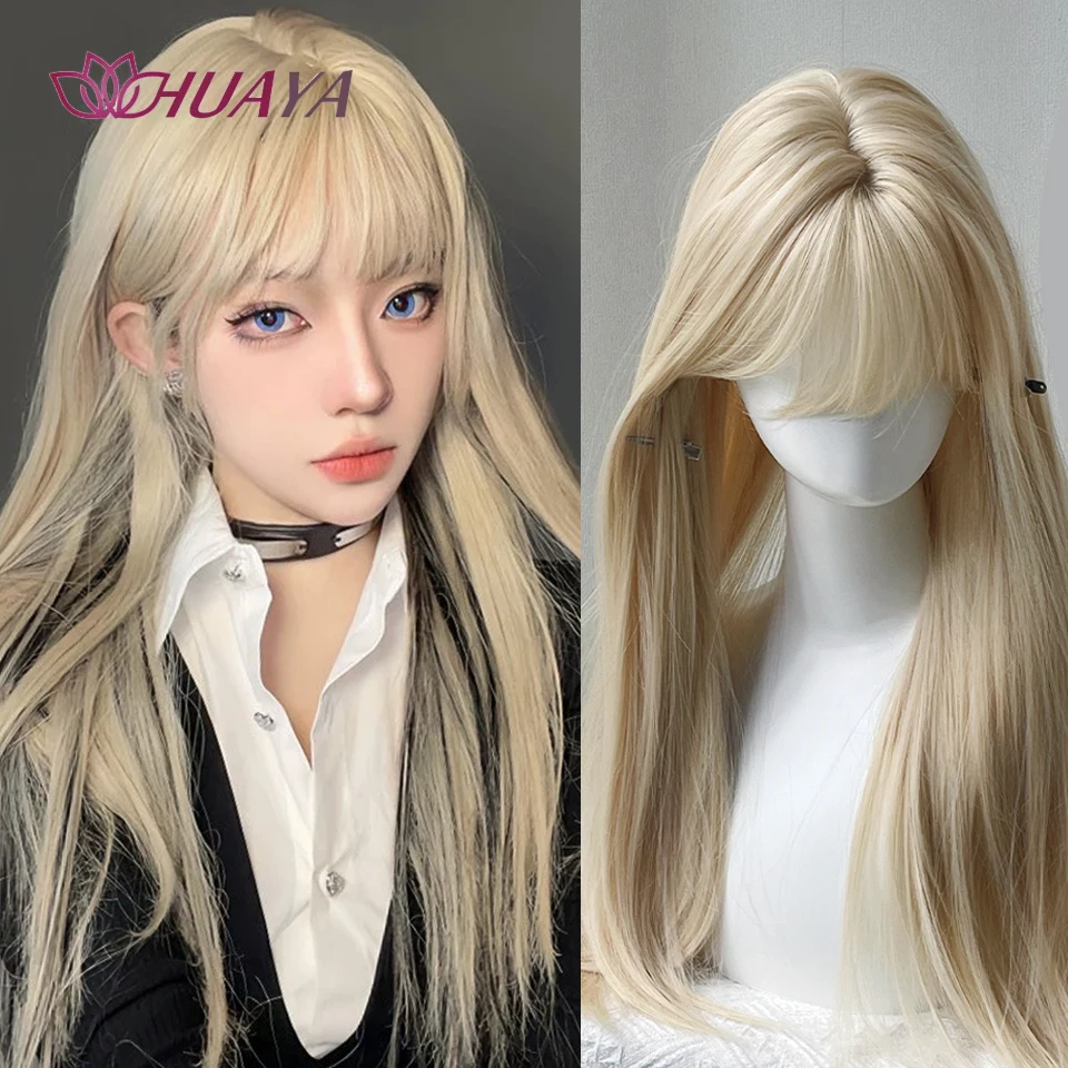 

24-дюймовый длинный прямой синтетический пушистый натуральный полный парик с челкой, термостойкий парик из золотистого химического волокна