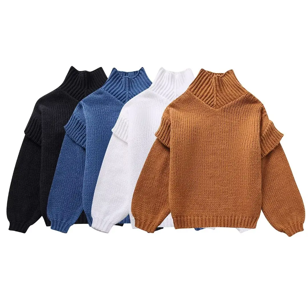 TRAFZA 2023 Autumn Winter Women Casual Knitted Solid Sweater Turtleneck Loose Thick Pullovers Female High Street Oversized Tops