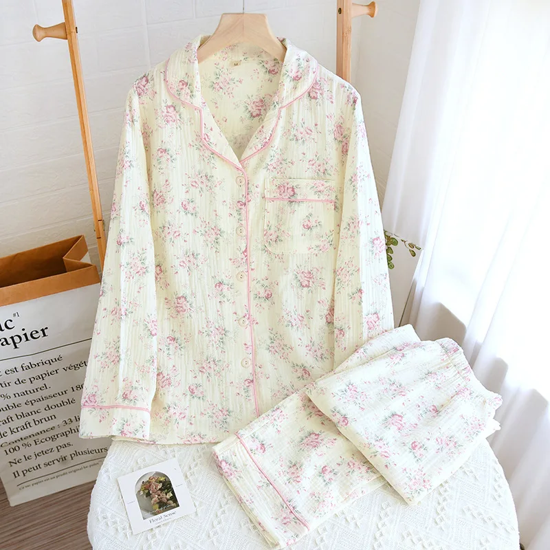 Autumn Long Sleeve Cotton Double Gauze Pajamas for Women Loose and Casual Plus Size Loungewear Lapel Flower Print Sleepwear