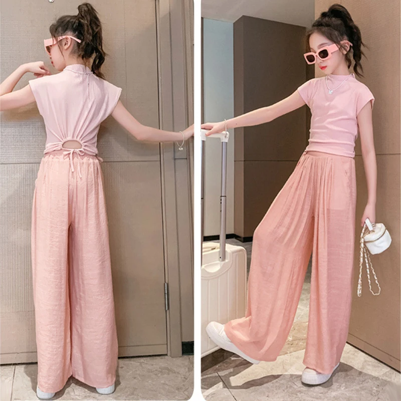 Summer Teen Girls Clothing Sets Fashion Slim Tops + Wide Leg Pants 2Pcs Outfits Kids Birthday Party Princess Costume 4-12 Years