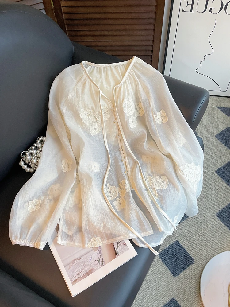 

Шифоновый топ с вышивкой Ele, свободный крой, тонкий длинный све, женский модный осенний топ высокого класса, привлекательный