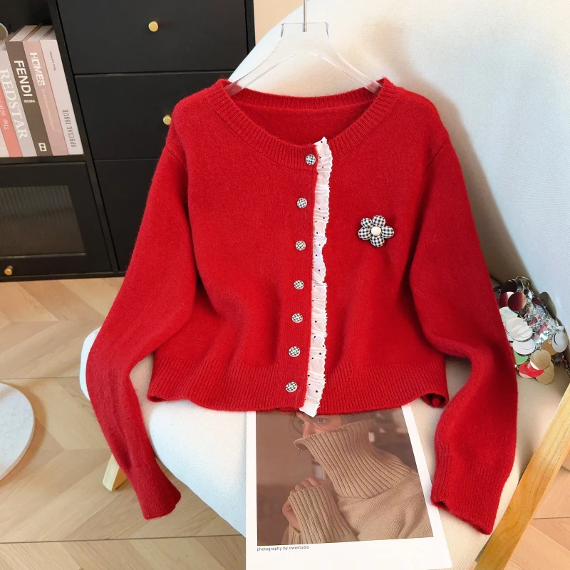 

Women's Red Christmas Cardigan Sweater Korean Style 2000s Vintage Long Sleeves Cozy Cashmere Sweater For Women Clothes Winter