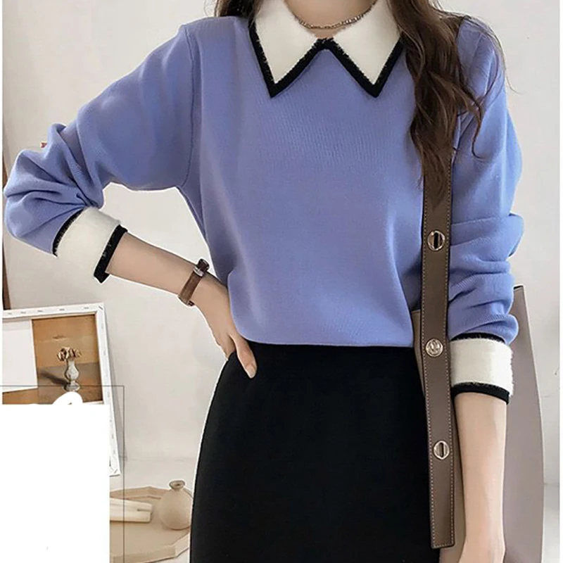 Fashion Polo-Neck Knitted Spliced All-match Blouses Women\'s Clothing 2024 Autumn Winter New Loose Casual Tops Commuter Shirts