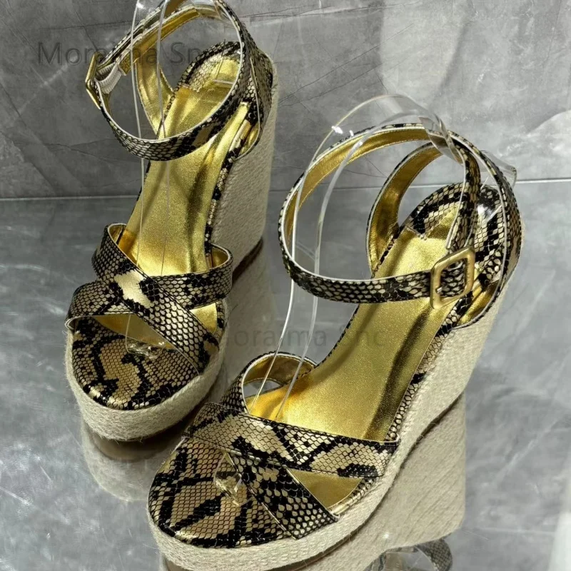 

Cross Strap Gold Snake Pattern Platform Women's Sandals Hemp Espadrilles Wedges High Heeled Open Toe Buckle Strap Summer Shoes