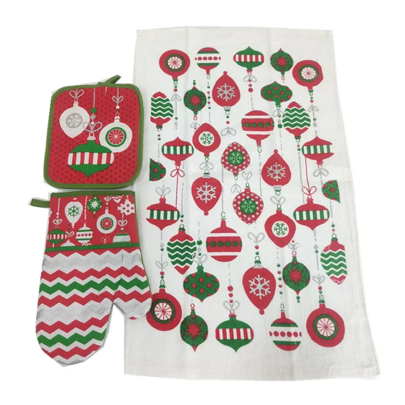3-teiliges Set Baumwolle Vintage Weihnachtsserie Bedruckte Mikrowellenhandschuhe Küchen-Isolierunterlage Geschirrtuch Weihnachtsparty-Geschenk – Detail 6