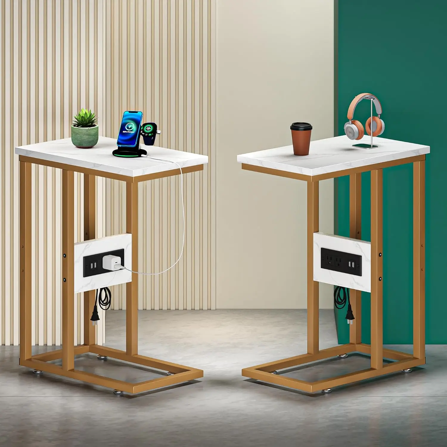 

C-Shaped End Table with Charging Station & Outlets, Quick-Access Side Table for Sofa or Bed