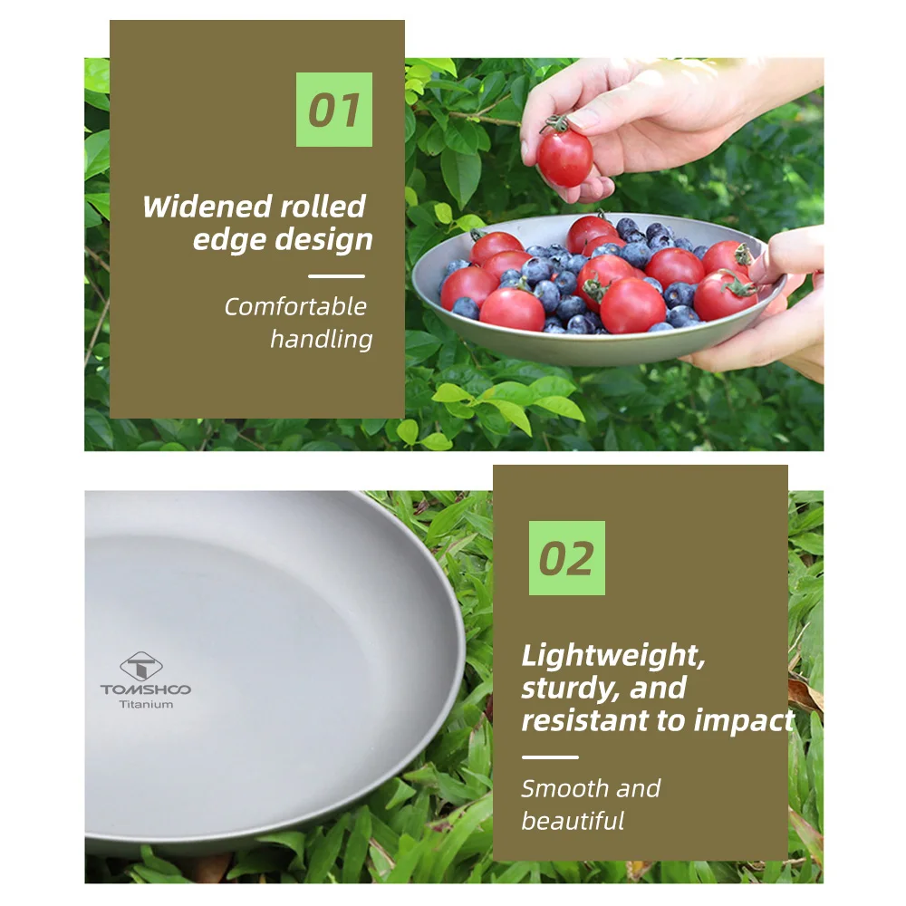 TOMSHOO Outdoor Ultralight Portable Tableware Titanium Round Camping Plate Cookware Dishwasher Safe Backpacking Dinner Plate for