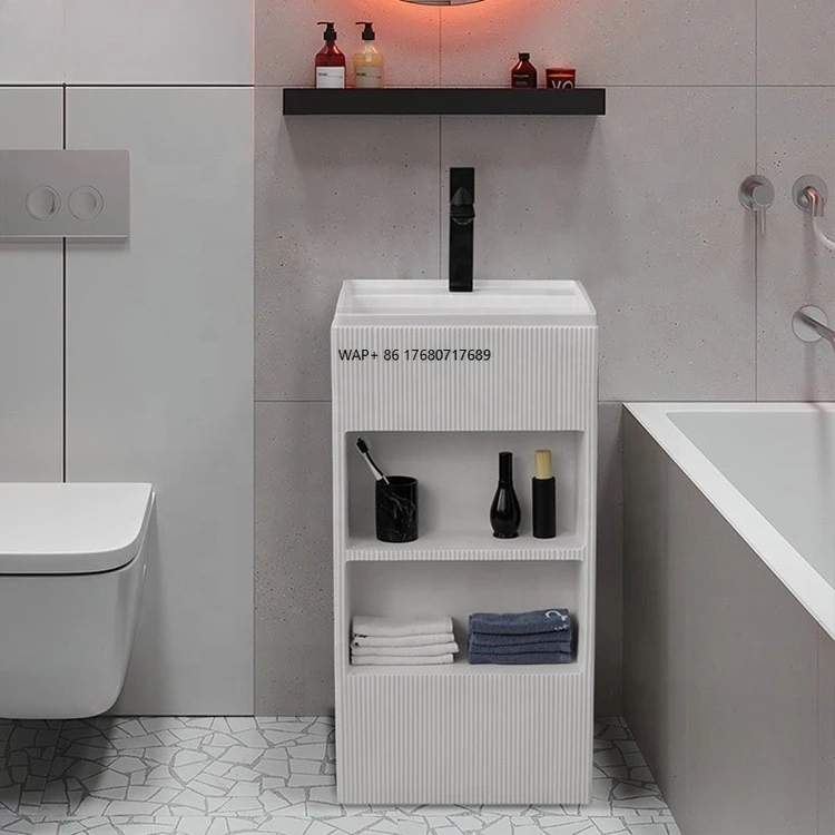 

Freestanding Solid Surface Basins Composite Stone Washbasin Artificial Stone Bathroom Sinks with Shelf
