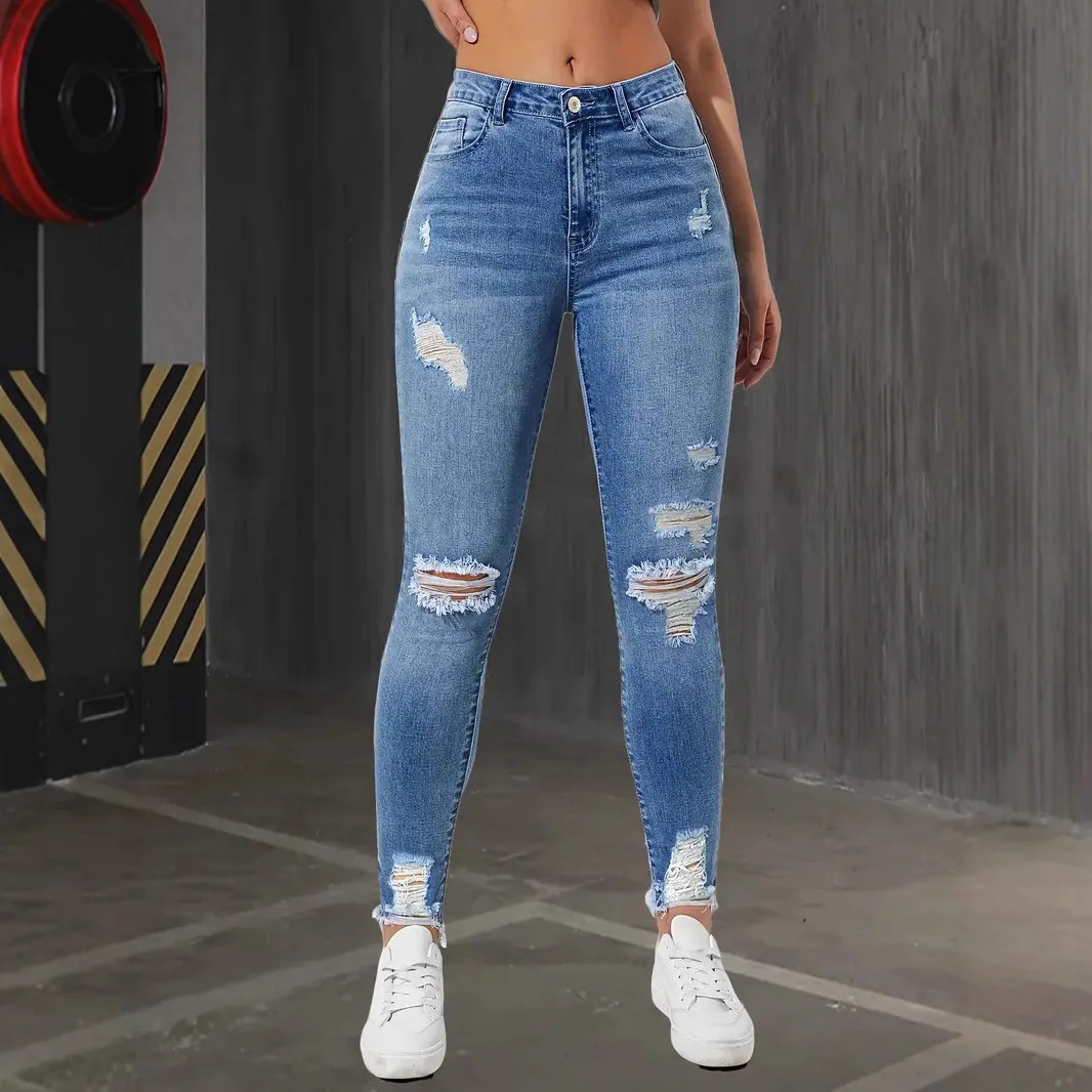 

Women's Elastic Ripped Hole Slim Fit Jeans Fashion Blue Pencil Denim Pants