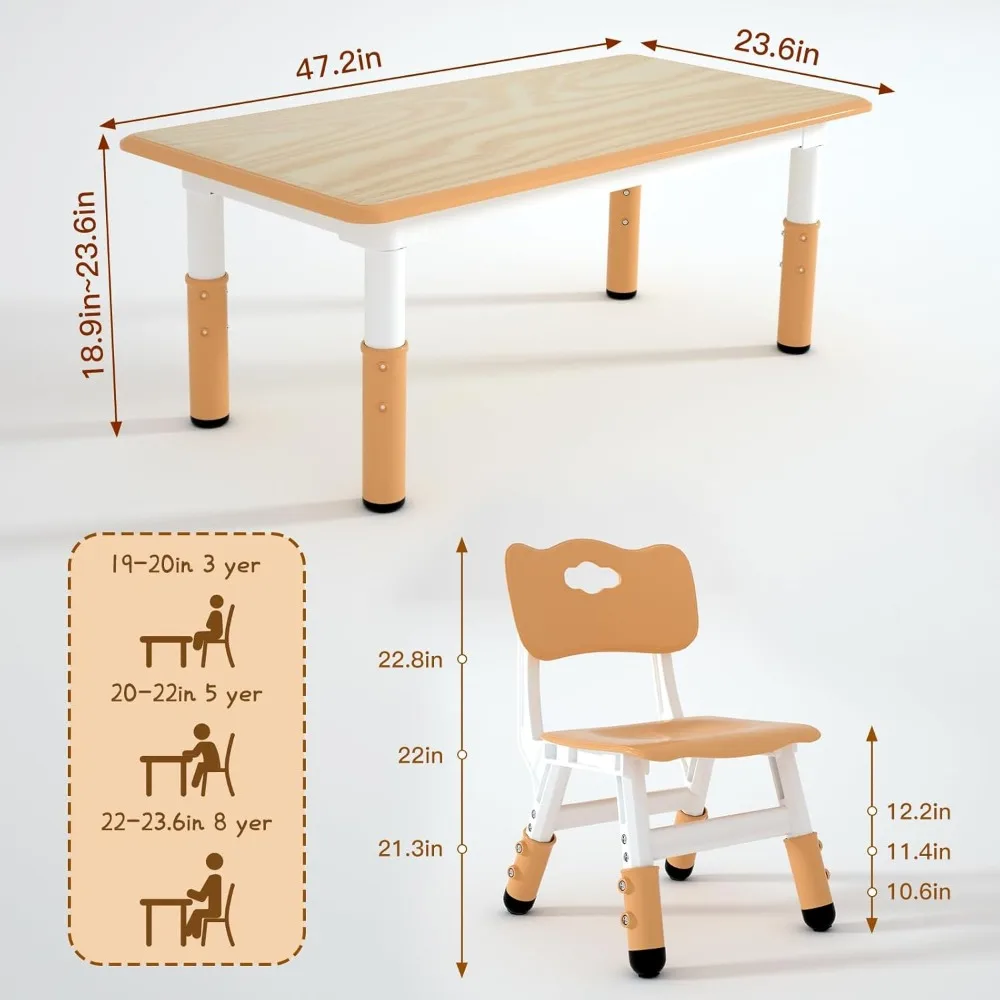Adjustable Kids Table and 4 Chairs Set with Wipe-Clean Desktop for Home and Classroom Use