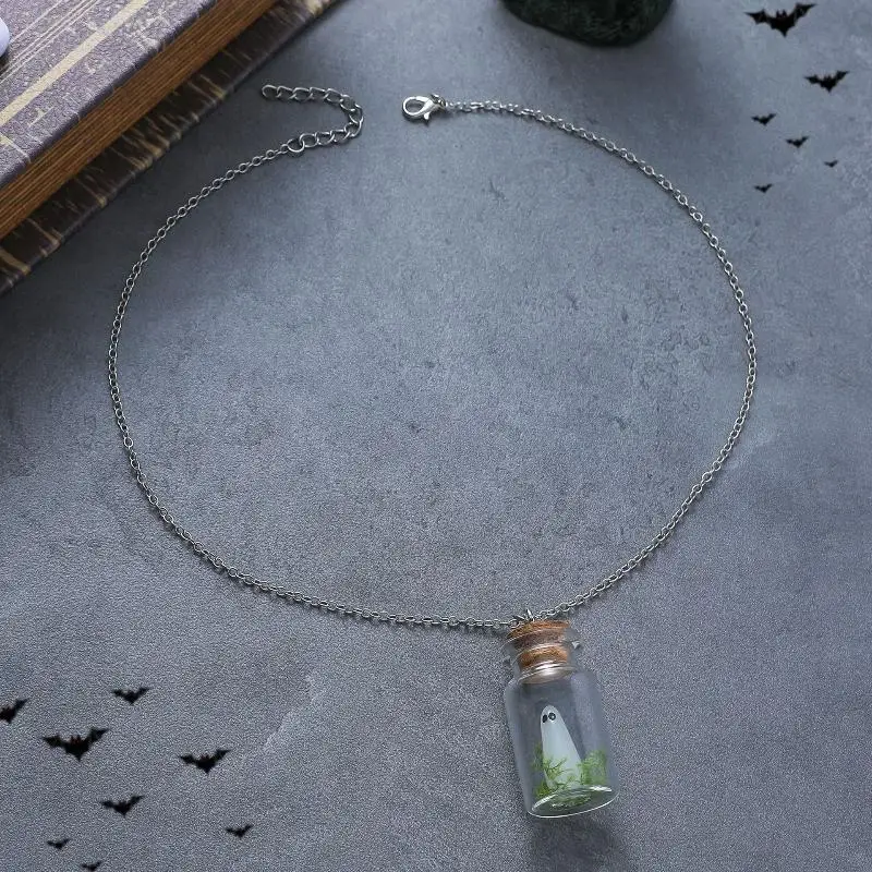 Luminous Ghost Necklace Halloween Tiny Glow Drifting Bottle Adopt Ghost Earrings Creative Design Green Specter Jewelry Gift